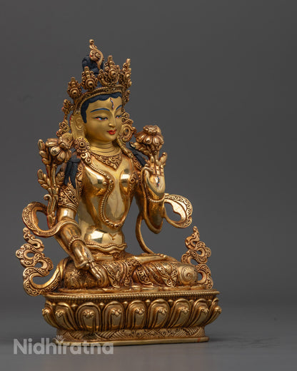 White Tara Statue showing detailed hand-carved ornaments and the sacred posture of fearless compassion