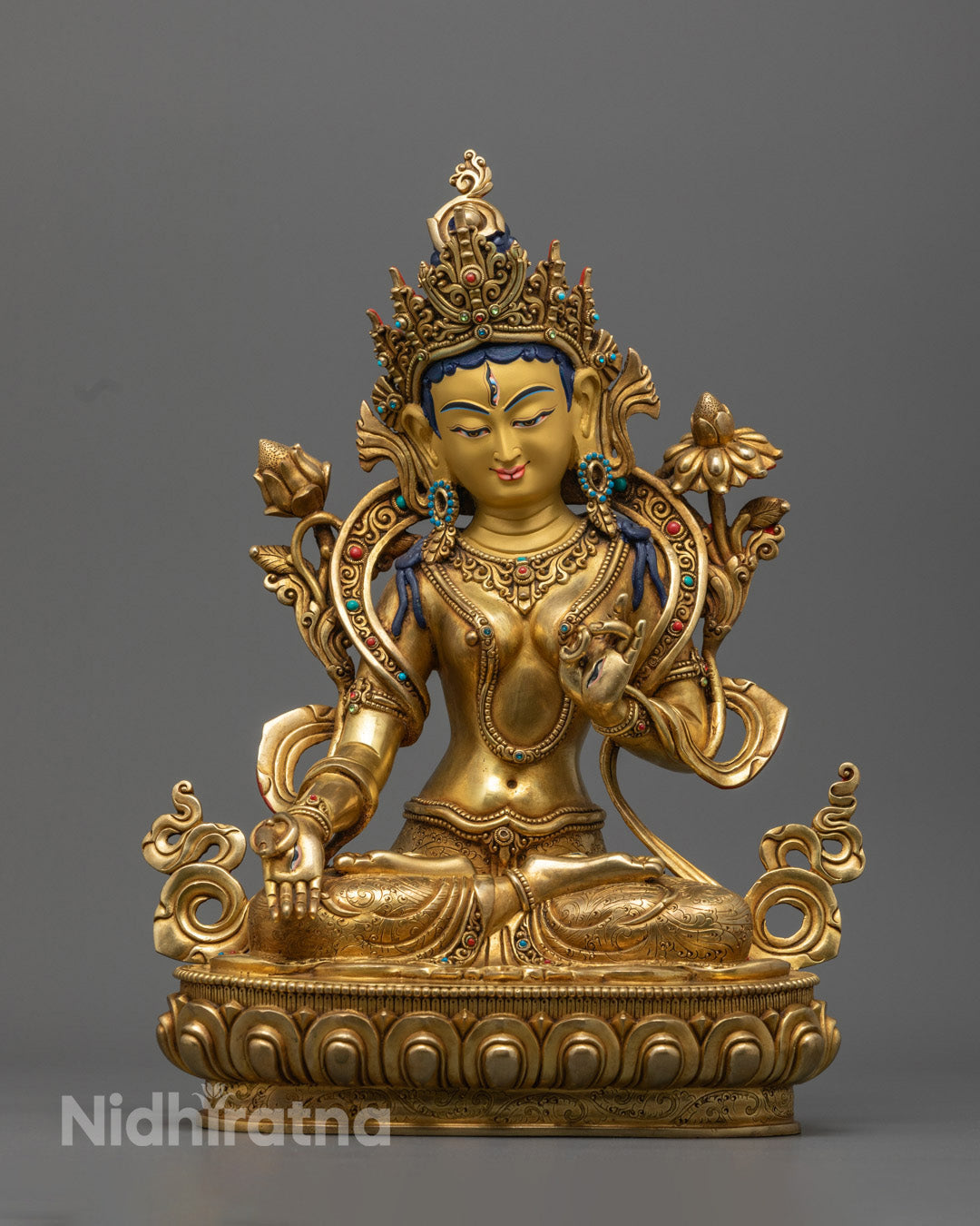 White Tara Statue, symbol of compassion, healing, and longevity, handcrafted in copper and gold, perfect for meditation and spiritual spaces.