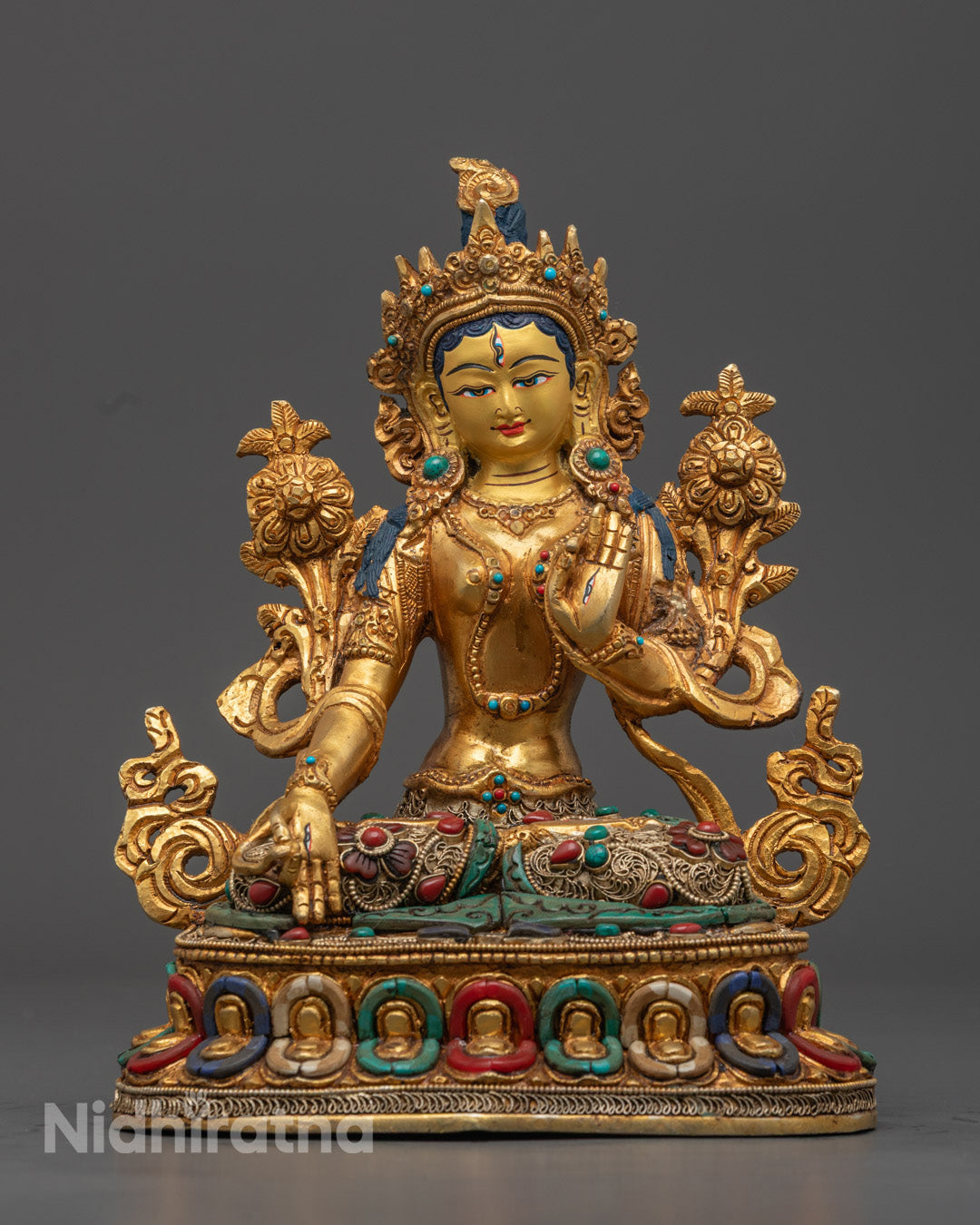 White Tara Statue with 24k Gold Fire Gilding and Semi-Precious Stones – Handcrafted in Nepal

