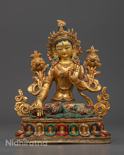 White Tara Statue with 24k Gold Fire Gilding and Semi-Precious Stones – Handcrafted in Nepal

