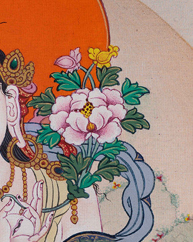 White Tara Thangka holding utpala flower, symbol of purity and spiritual awakening