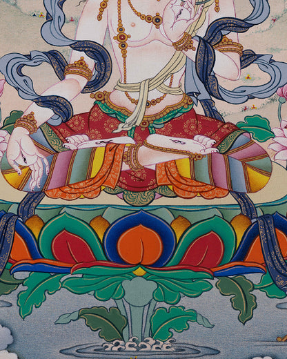 White Tara Thangka with swirling robes and delicate greenery for meditation
