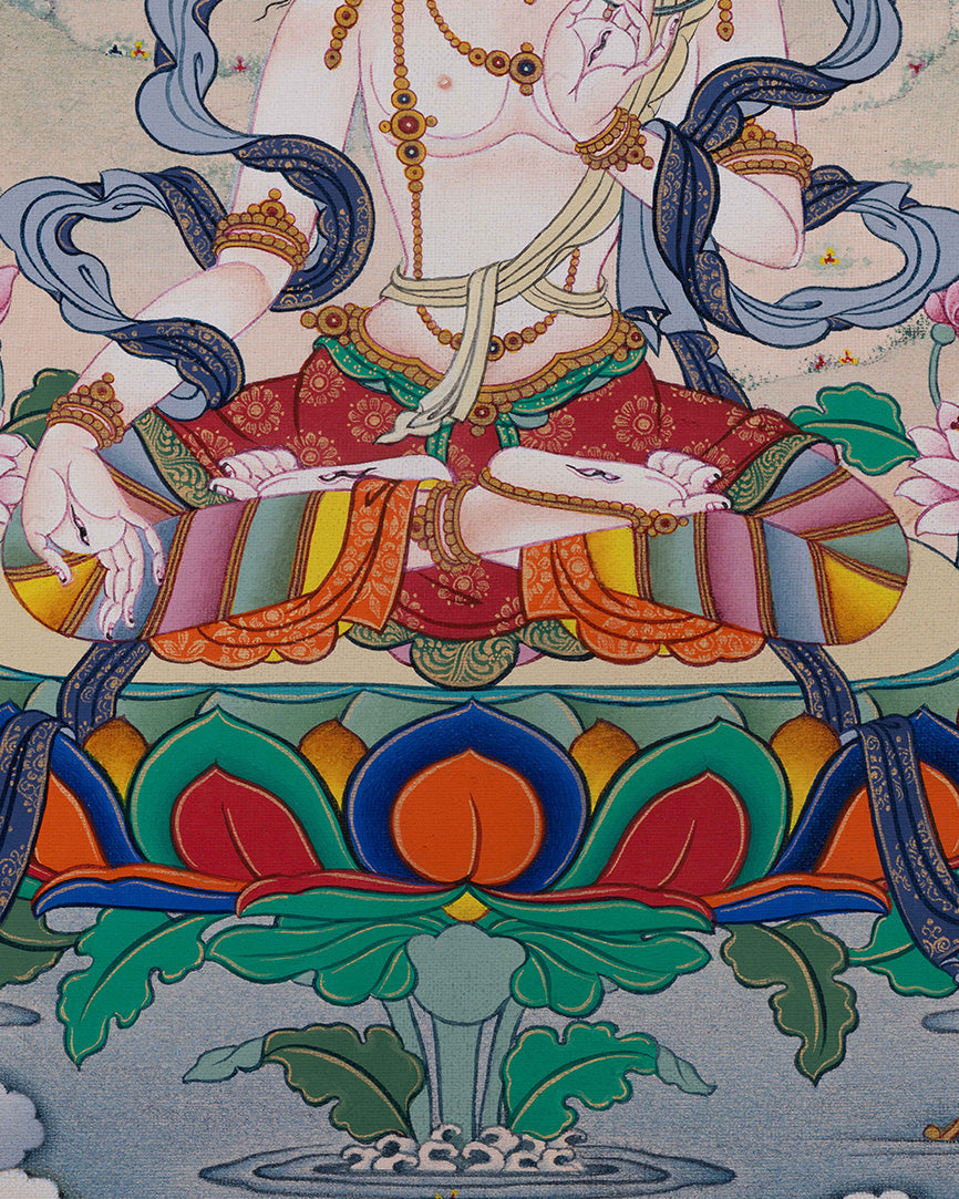 White Tara Thangka with swirling robes and delicate greenery for meditation