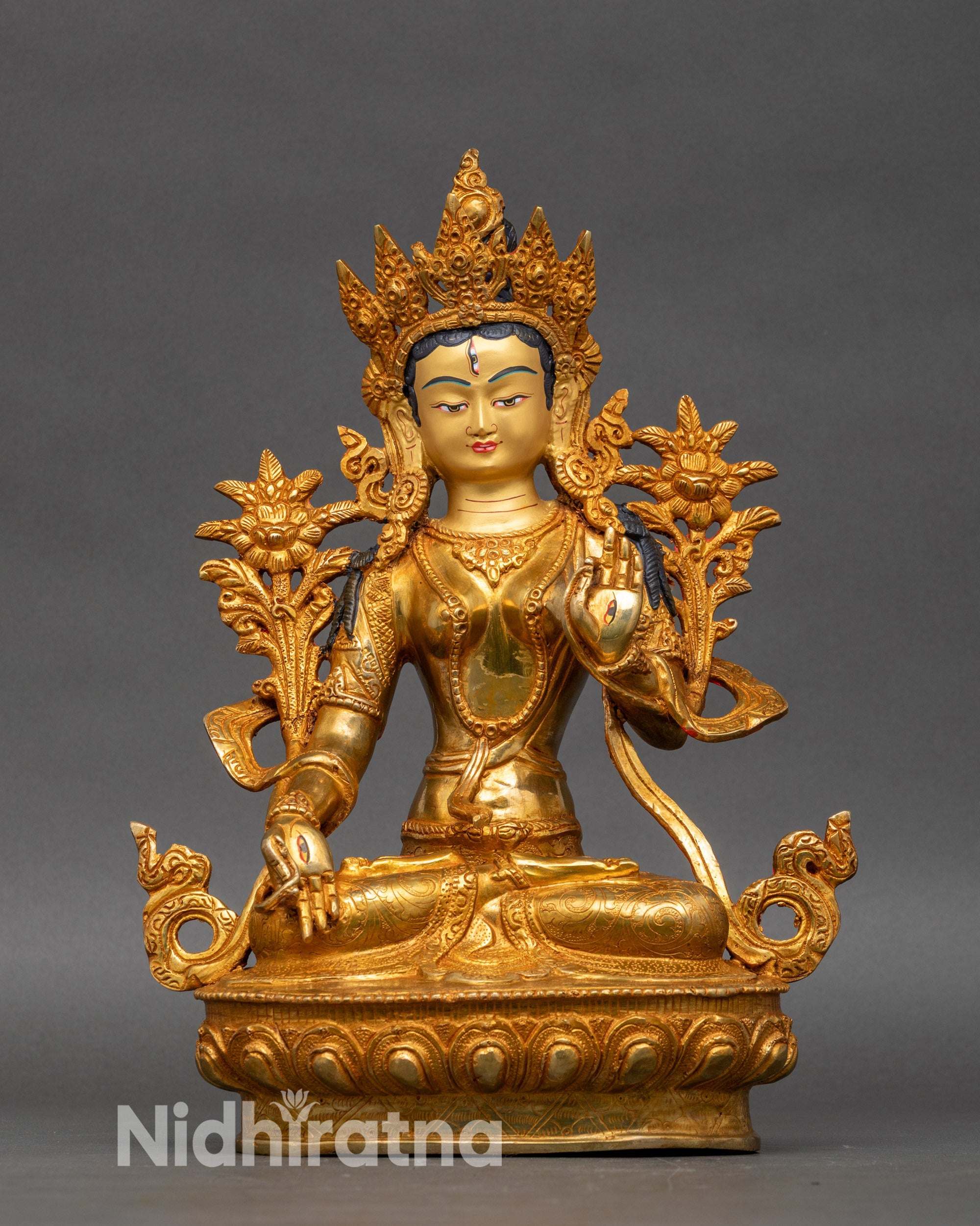 White Tara copper statue for meditation, handcrafted Nepalese gold-gilded figurine