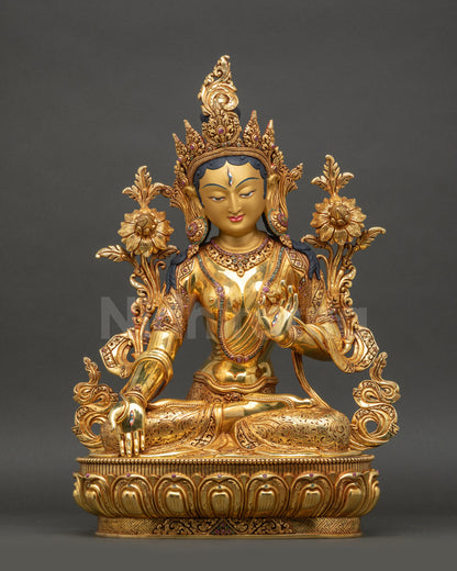 White Tara copper statue with gold-painted face and intricate 3D carvings