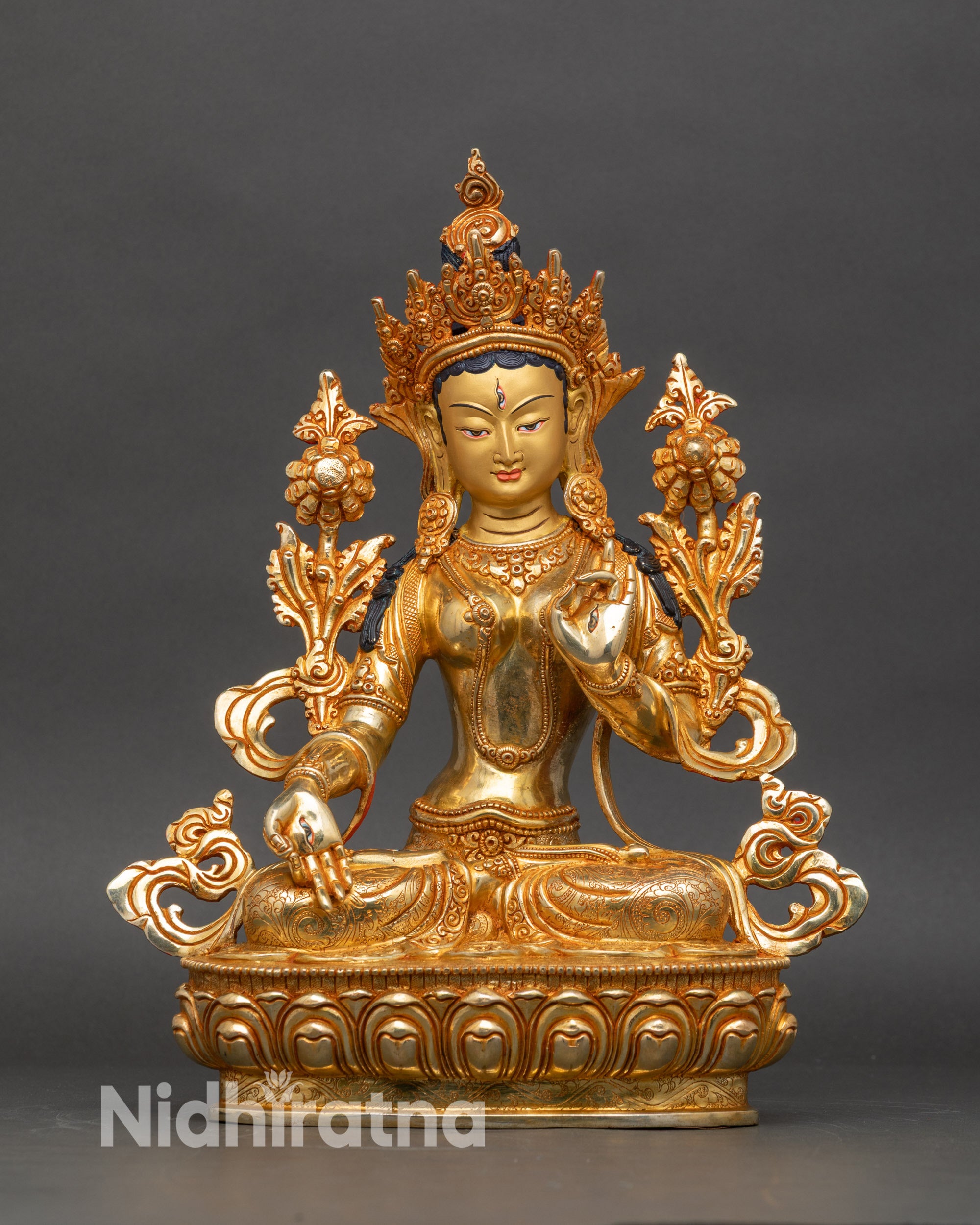 White Tara meditation statue handcrafted by Newari artisans, gold fire-gilded with 24K gold face