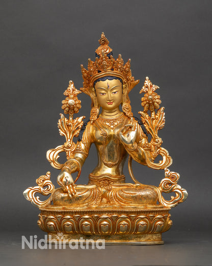 White Tara meditation statue handcrafted by Newari artisans, gold fire-gilded with 24K gold face