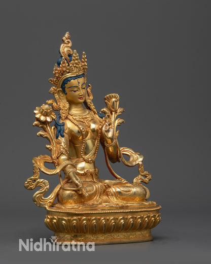 White Tara right view side lotus seat utpala flower gold-gilded copper sculpture
