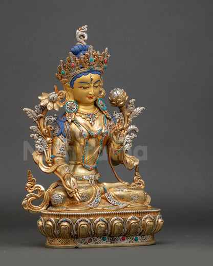 White Tara sculpture left side view gold and silver-plated Nepalese craftsmanship