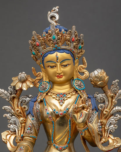 White Tara sculpture regular close up gold and silver-plated Nepalese artwork