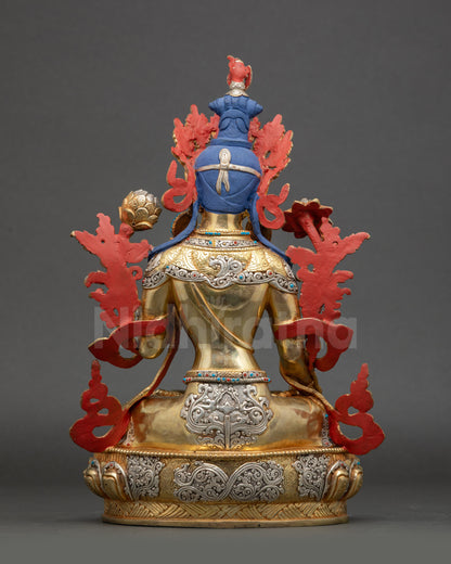 White Tara statue back view detailed robes lotus pedestal Nepalese artwork