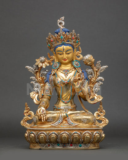 White Tara statue front view gold-gilded face lotus pedestal Nepalese art