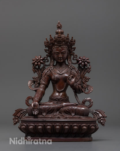 White Tara statue front view in oxidized copper, machine-made with detailed seven eyes