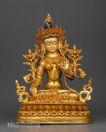 White Tara statue in full lotus posture, handcrafted Nepalese copper with 24K gold face