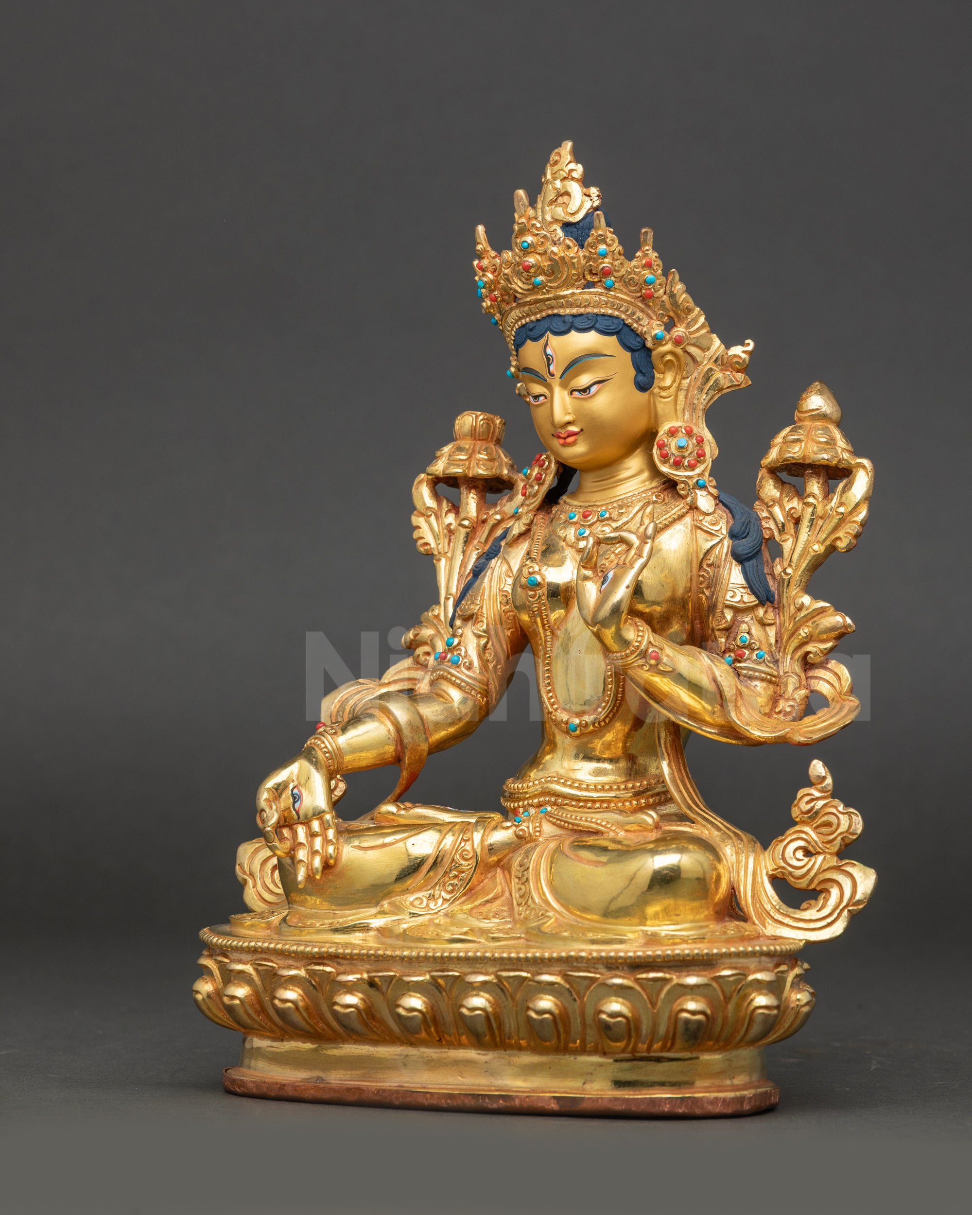 White Tara statue left side view with polished gold fire-gilding
