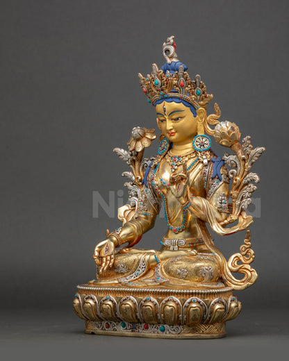White Tara statue right side view lotus pedestal fire-gilded Nepalese art