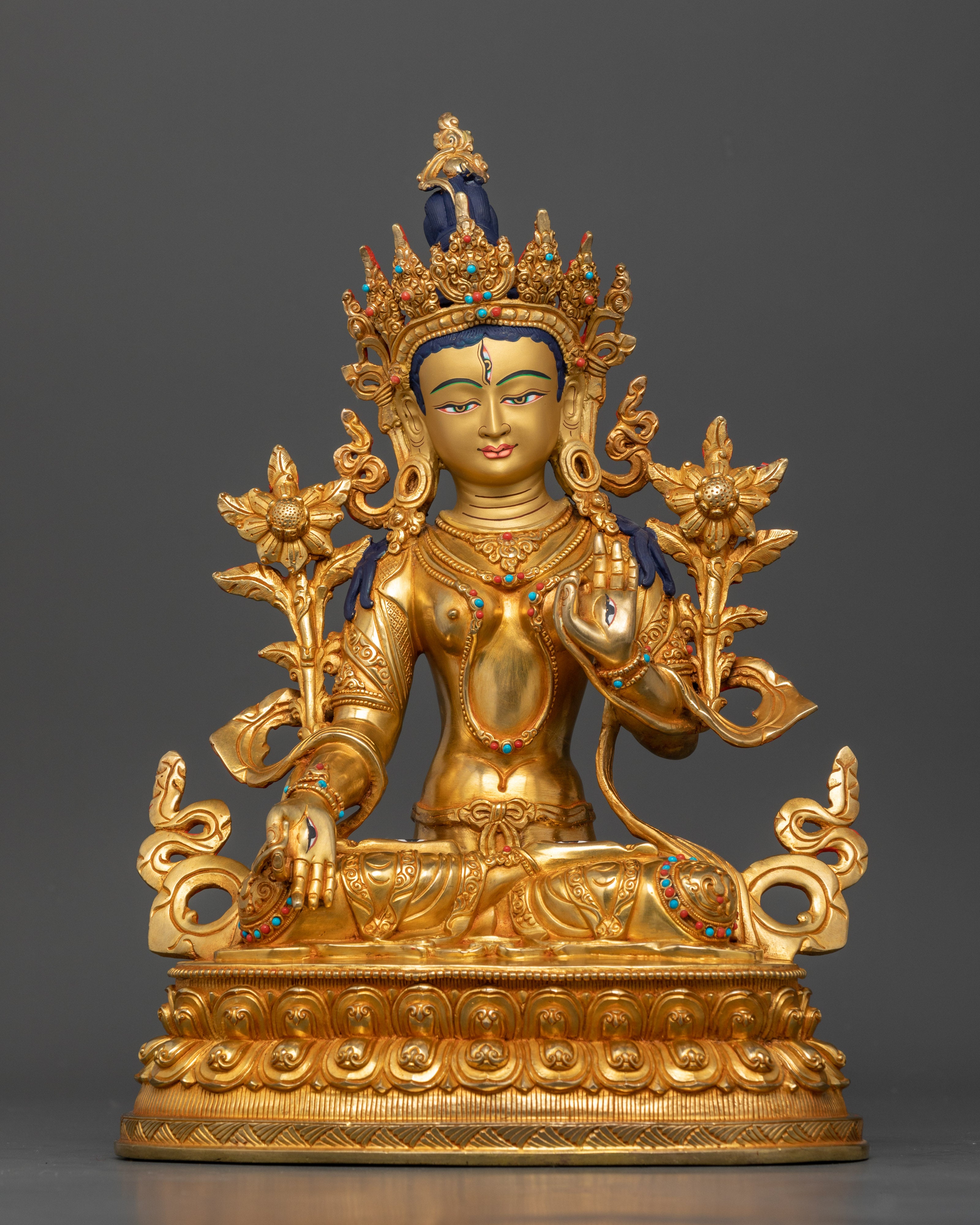 White Tara statue seated on double lotus pedestal, handcrafted Nepalese Buddhist art
