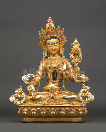 White Tara statue with seven eyes, gold-gilded Nepalese meditation sculpture