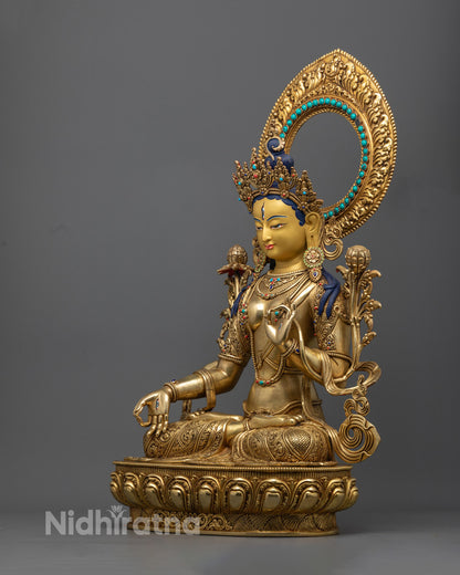 White Tara with halo, showcasing her serene expression and the divine light radiating from her, representing purity and protection.