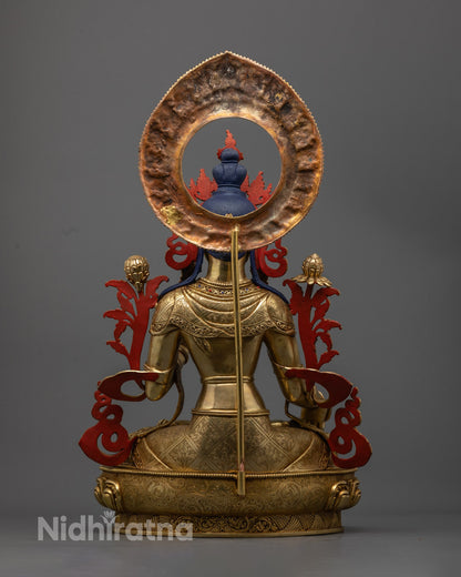 White Tara with halo statue, symbolizing divine protection, wisdom, and eternal life, crafted with intricate details for spiritual devotees.