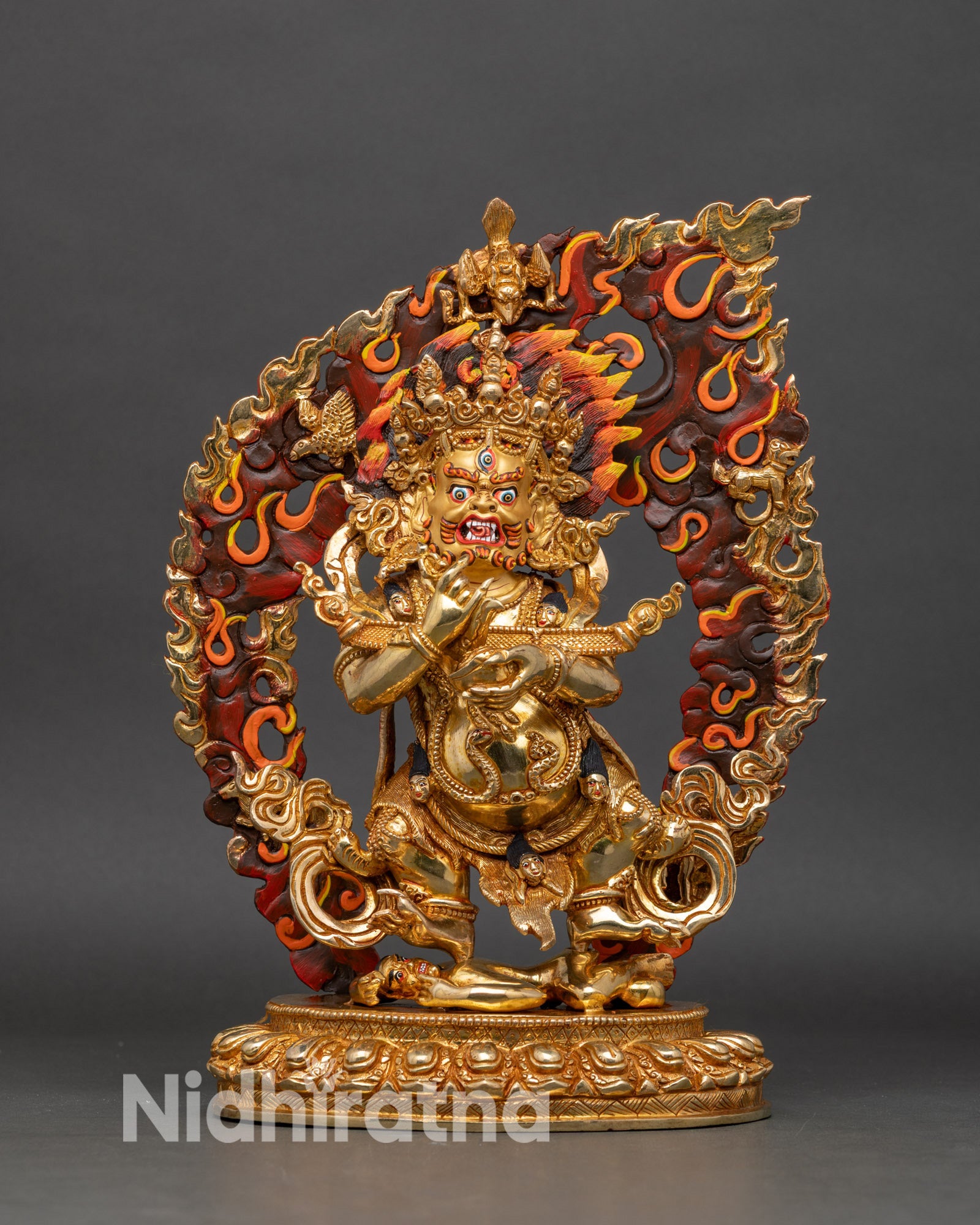 Wrathful Sakya Mahakala statue front view Nepalese handcrafted gold gilded copper