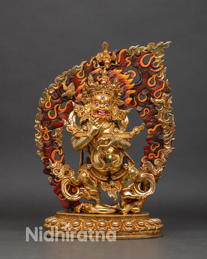 Wrathful Sakya Mahakala statue front view Nepalese handcrafted gold gilded copper