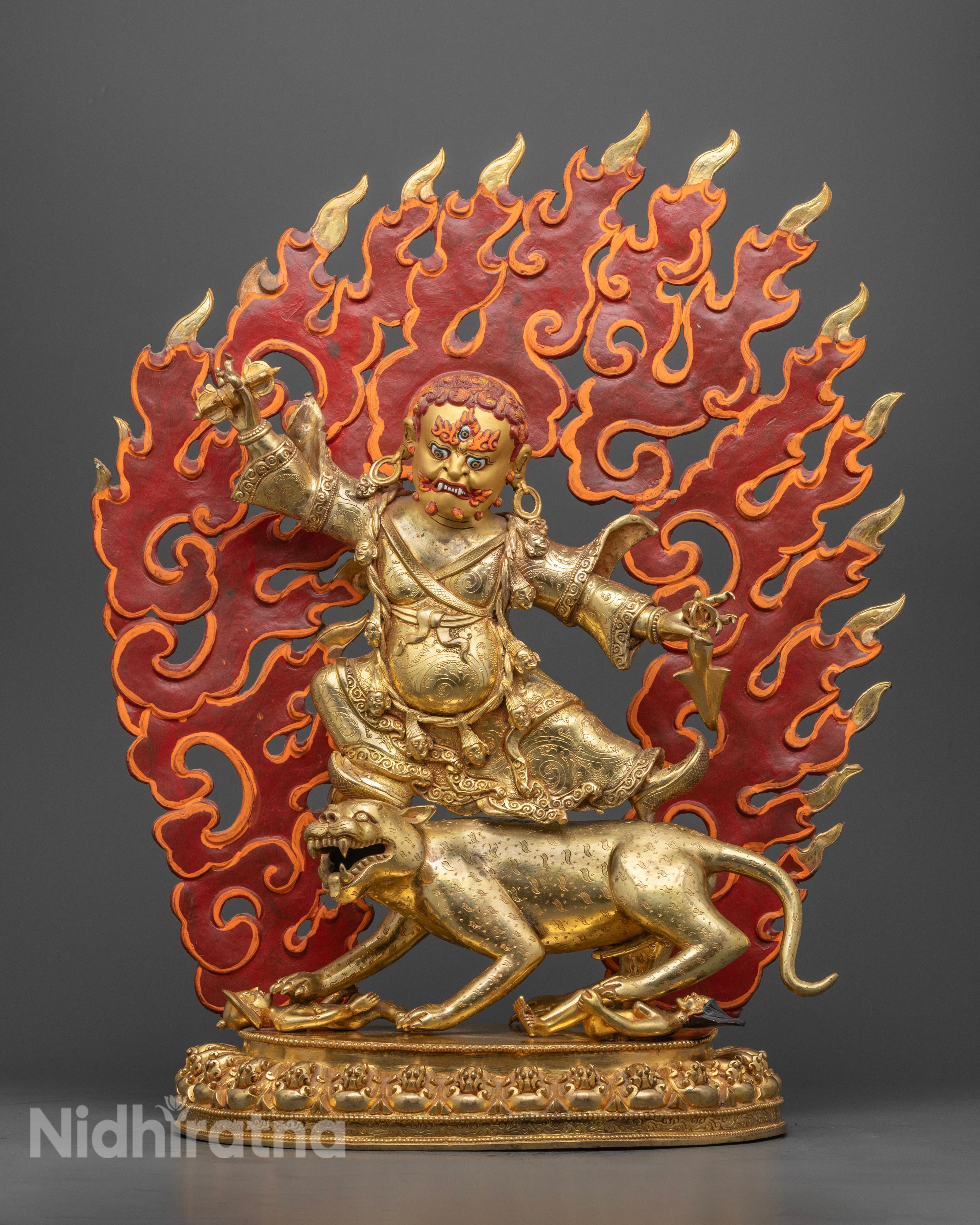 Wrathful Dorje Drolo statue with gold-gilded face and fire-gilded body, handcrafted in traditional Tibetan Buddhist art style.