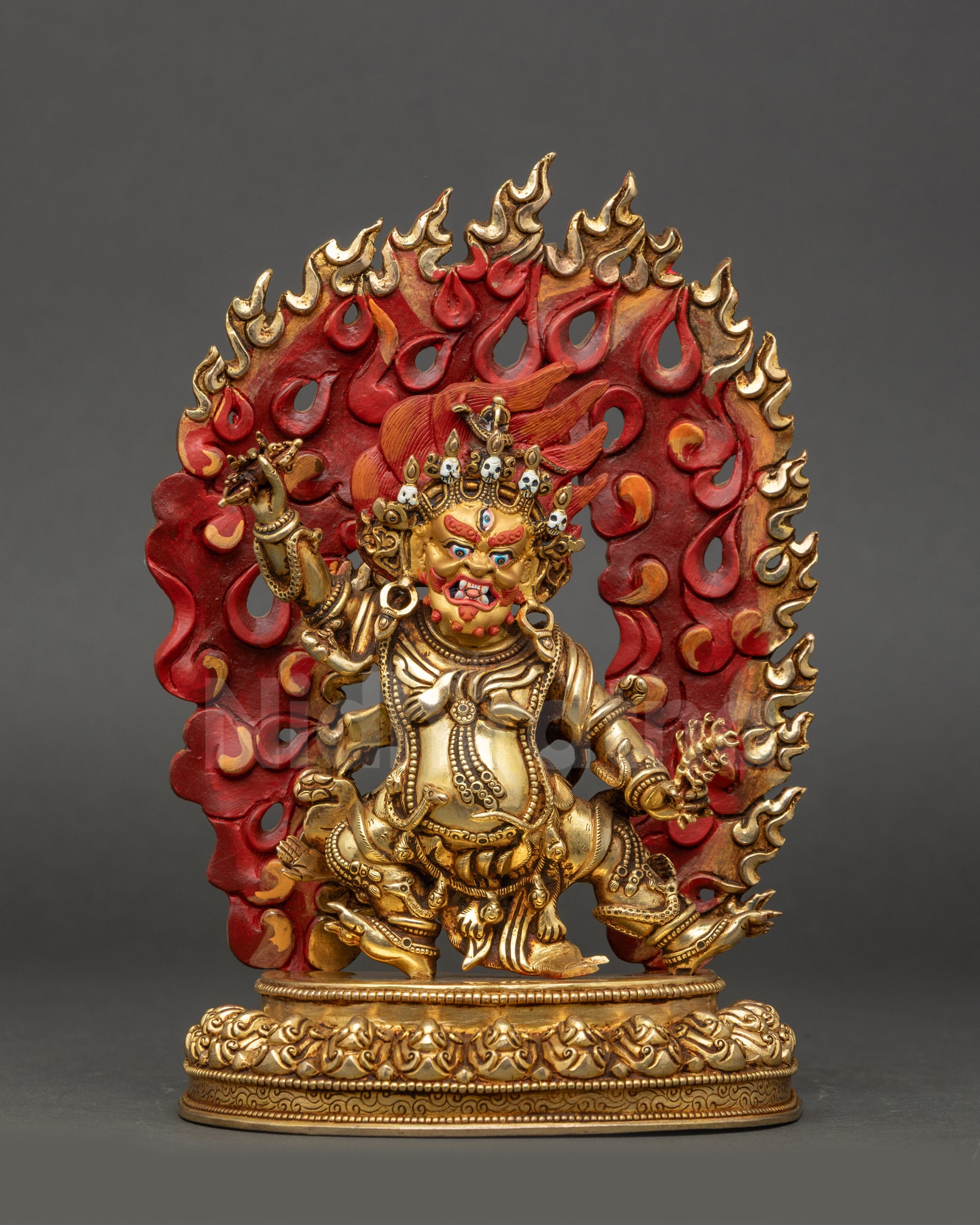 Wrathful Guru Dragpo Statue front view gold-gilded face lotus seat