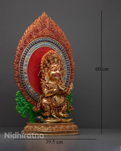 Wrathful Sakya Mahakala Sculpture Seated on Lotus Throne | Nepalese Lost Wax Art