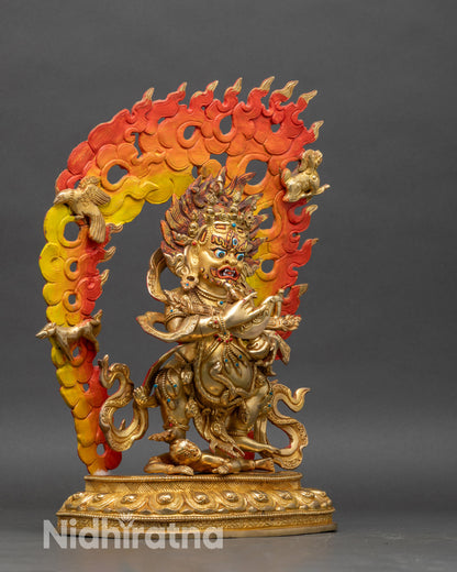 Wrathful Sakya Mahakala standing on lotus seat with flaming halo detail
