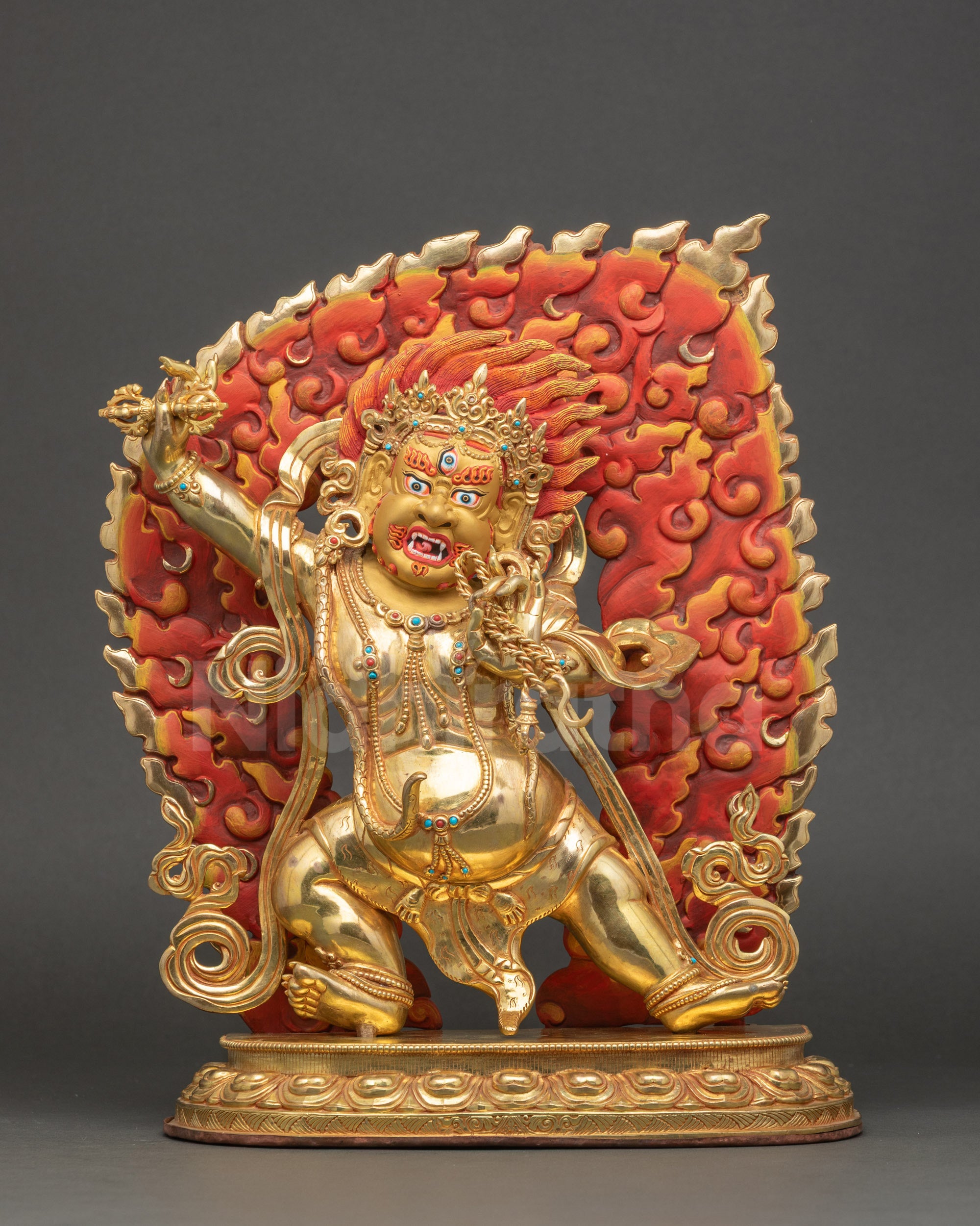 Wrathful Vajrapani Statue handmade in Nepal with gold-gilding and stones