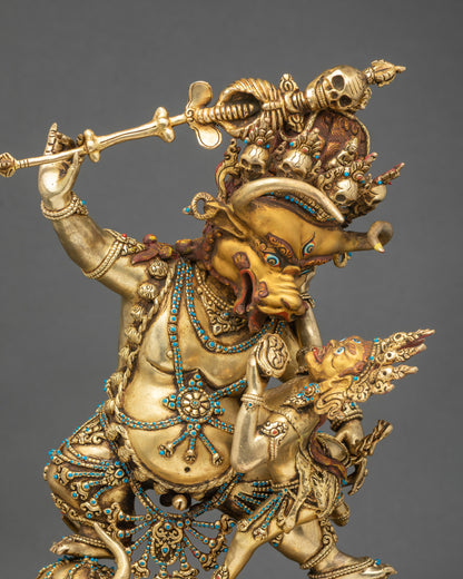 Wrathful Yamantaka buffalo head deity with skull crown and flaming aureole