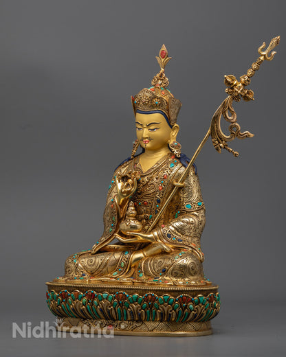 Wrathful form of Padmasambhava, Guru Tsokye Dorje statue seated on a lotus throne with vibrant colors
