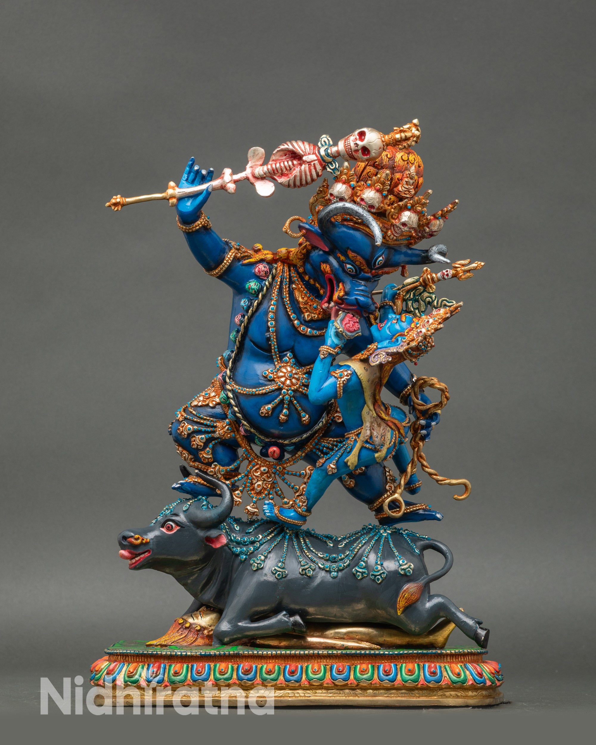 Yamantaka Statue full view showing the wrathful Tibetan protector deity on a buffalo mount