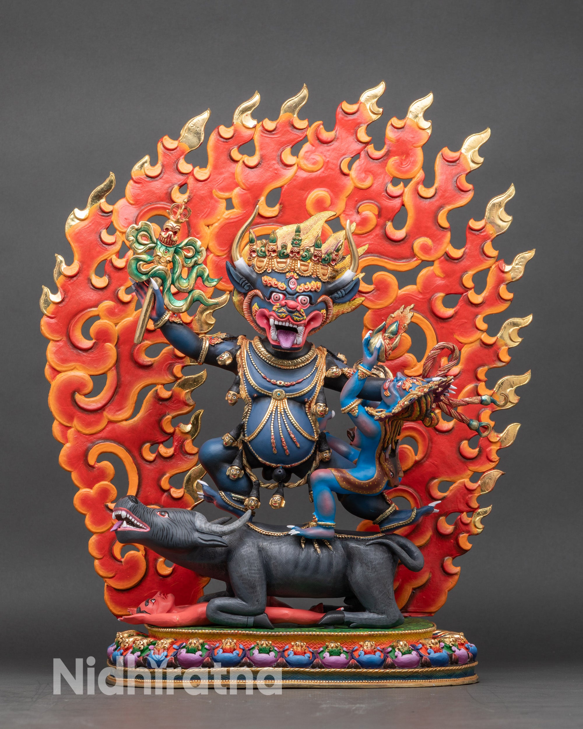 Yamantaka Vajrabhairava statue front view, copper with vibrant acrylic detailing
