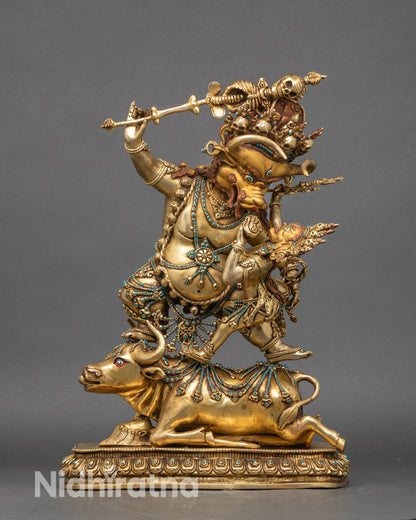 Yamantaka Vajrabhairava statue gold fire gilded copper with turquoise and coral inlay