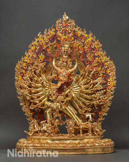 Yamantaka Vajrabhairava union statue with nine faces and sixteen arms on lotus throne