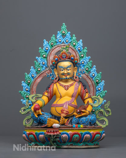 Yellow-Coloured Dzambhala sculpture handcrafted in copper with vibrant acrylic colors symbolizing spiritual wealth and abundance