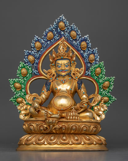 Yellow Jambhala gold-gilded statue lotus throne Himalayan wealth deity Nepal