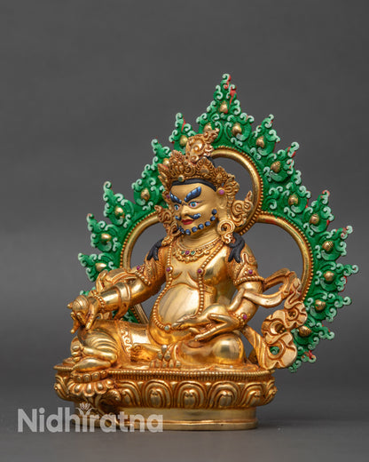 Yellow Jambhala statue on lotus seat, wrathful gold-painted face, Newari craftsmanship