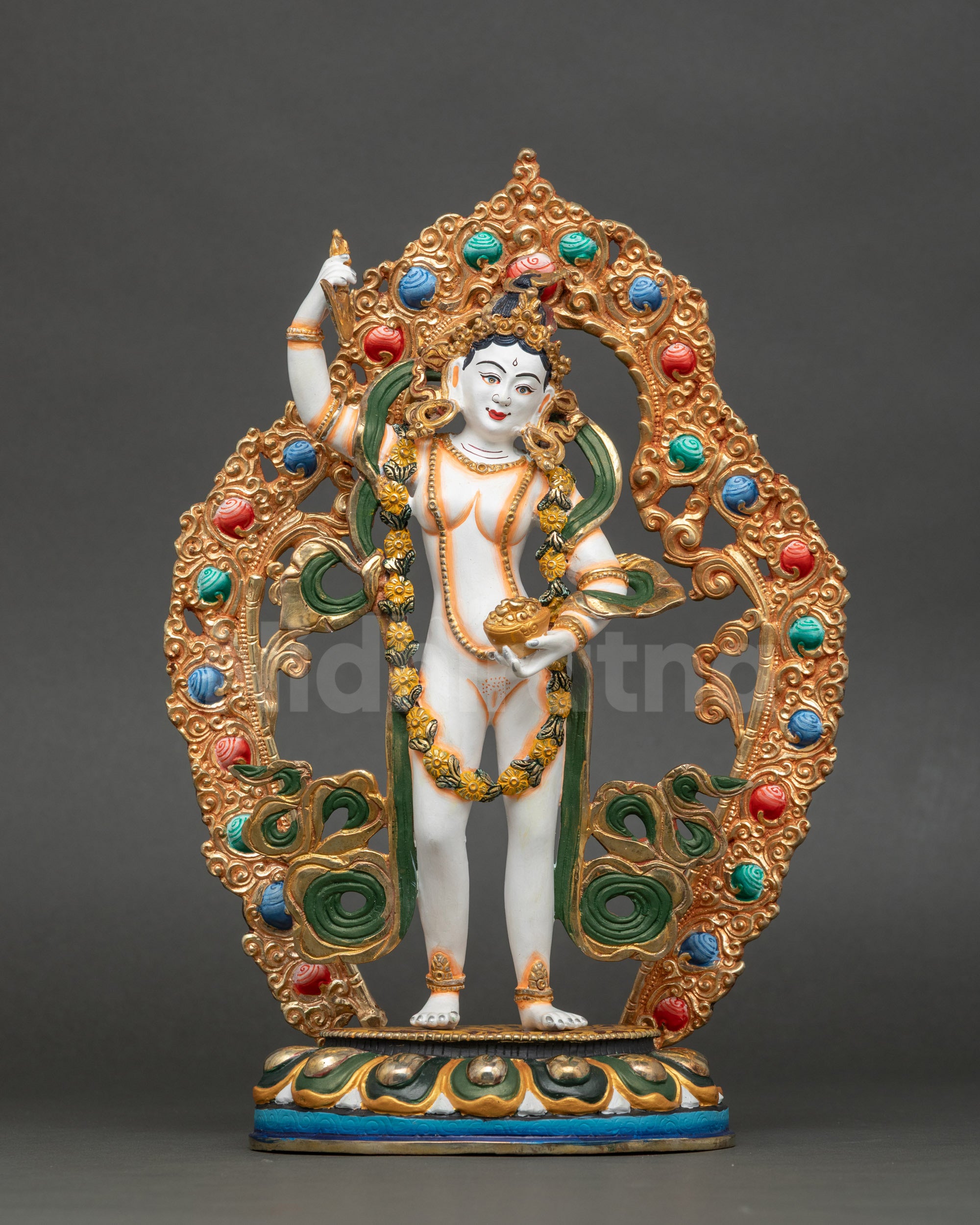 Yeshe Tsogyal statue seated on lotus throne, handcrafted Nepalese Buddhist artwork