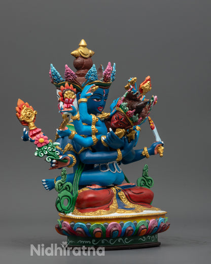 Side view of Guhyasamaja Consort Statue seated with Sparshavajra on lotus base in vibrant colors