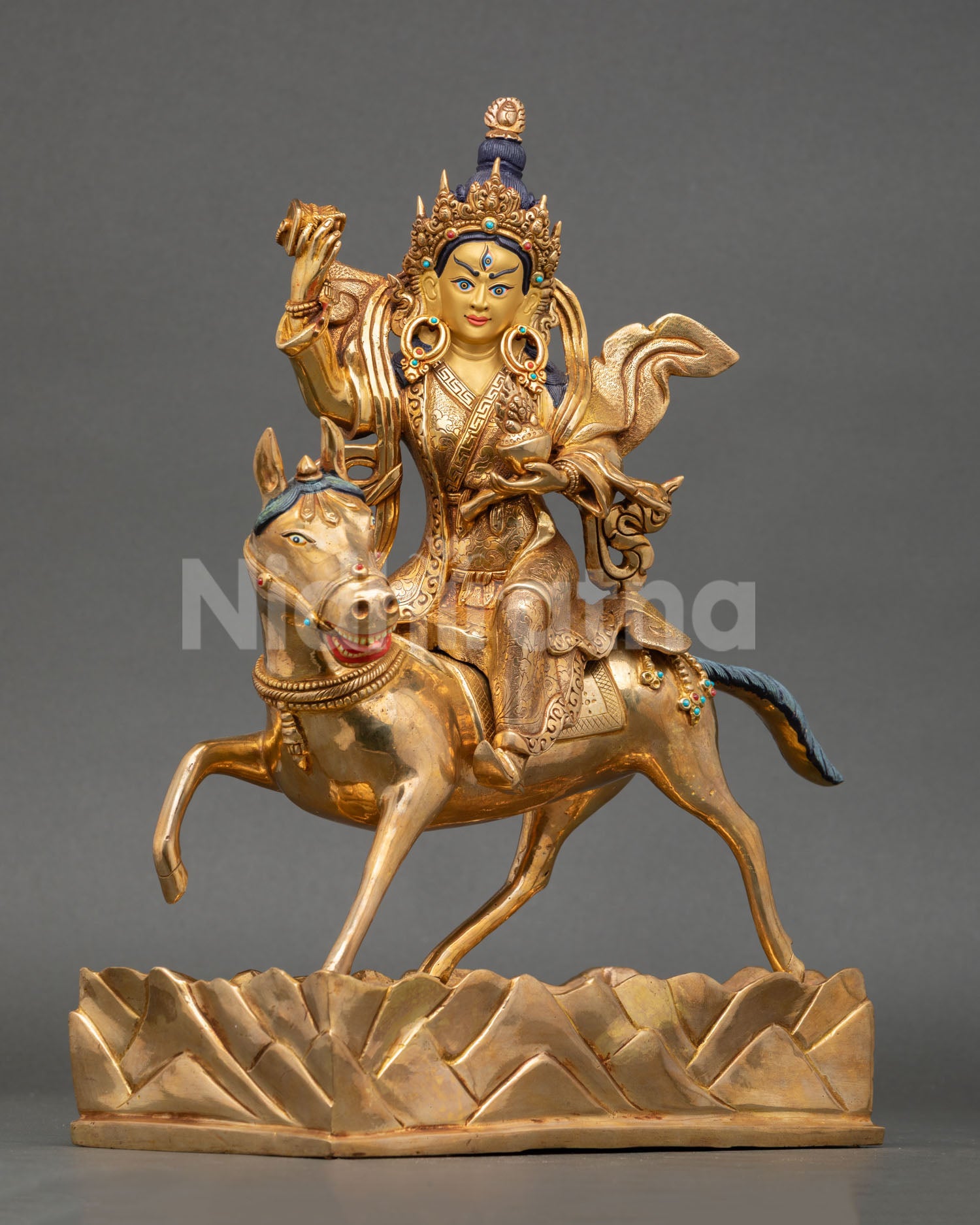 achi chokyi drolma statue riding horse, fire gilded copper sculpture from nepal