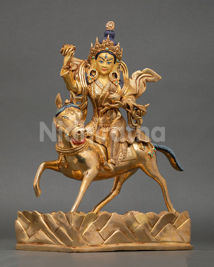 achi chokyi drolma statue riding horse, fire gilded copper sculpture from nepal