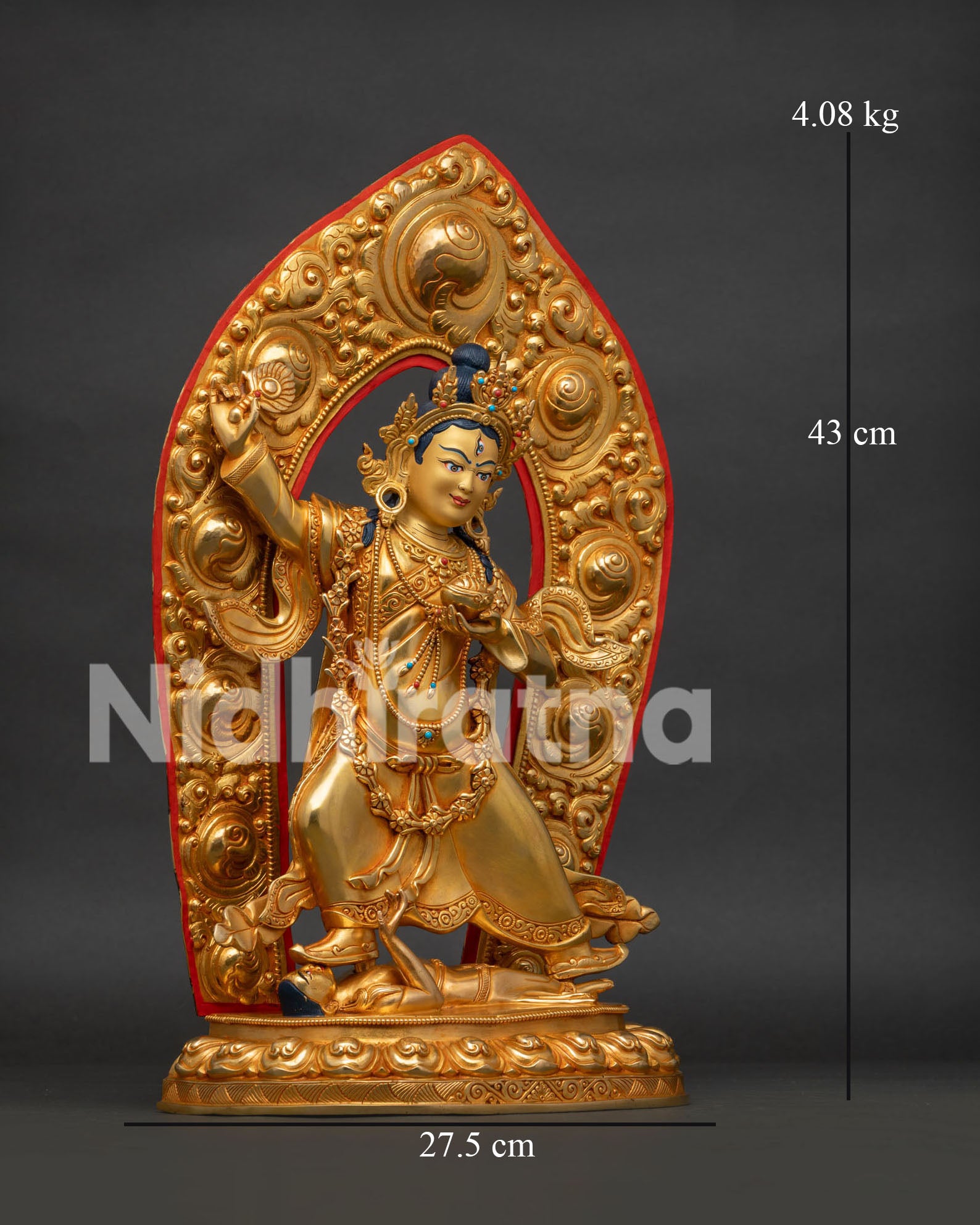 Achi Chokyi Drolma Statue, right-side view of the resplendent gilded aureole and stance