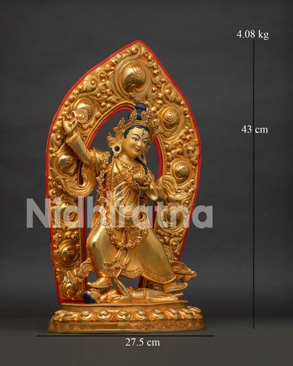 Achi Chokyi Drolma Statue, right-side view of the resplendent gilded aureole and stance