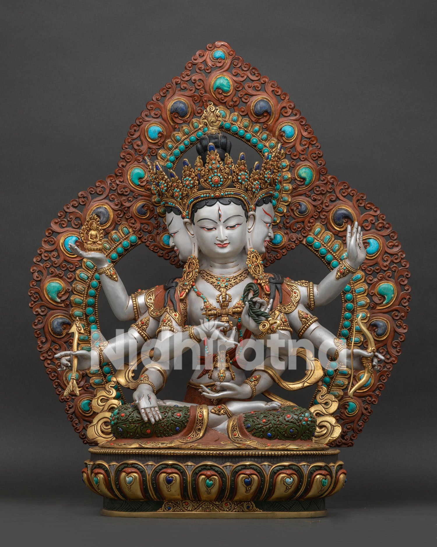 acrylic painted large namgyalma statue handcrafted in nepal front view with gold gilded details