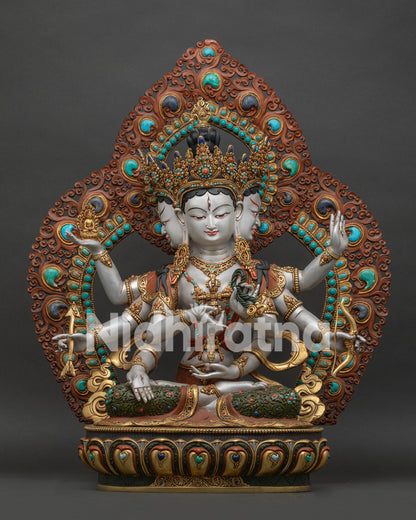 acrylic painted large namgyalma statue handcrafted in nepal front view with gold gilded details