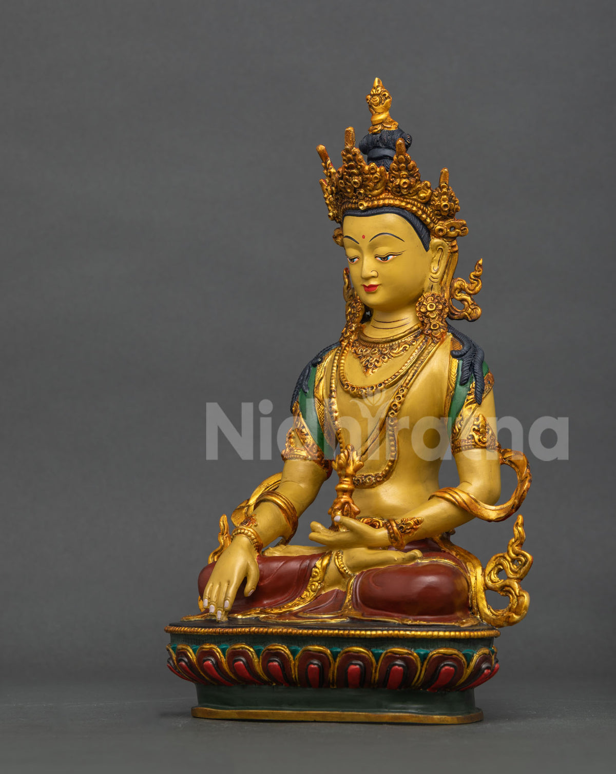 Akshobhya Buddha Statue Copper Newari Craftsmanship Silk Robe Layered Necklaces.