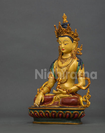Akshobhya Buddha Statue Copper Newari Craftsmanship Silk Robe Layered Necklaces.
